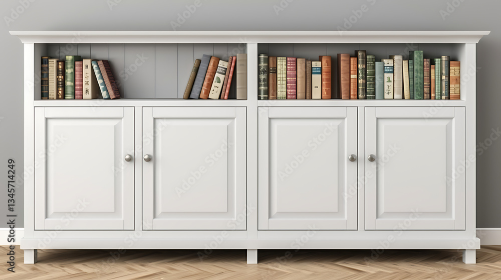 Fototapeta premium White Wooden Cabinet with Bookshelf and Closed Doors