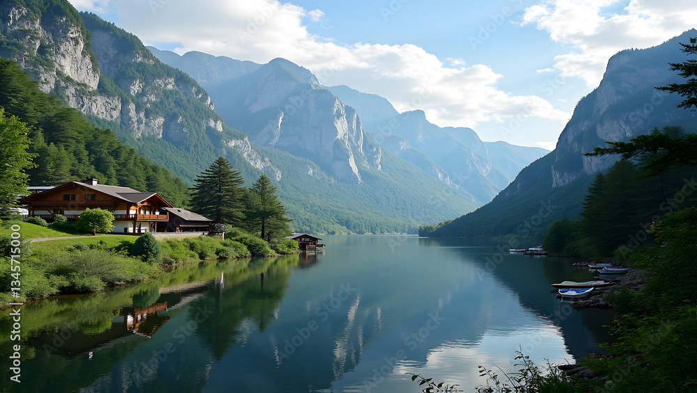 Fototapeta premium Charming lakeside village with a scenic trail