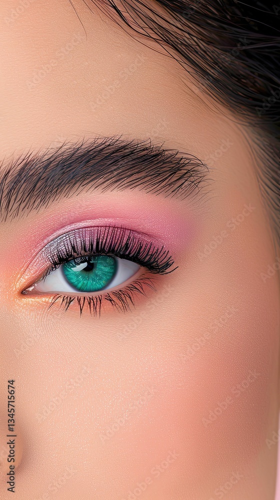 Fototapeta premium Bright purple mascara and eyeliner enhance the eyes with playful color, creating a vivid and eye-catching look perfect for any fun occasion
