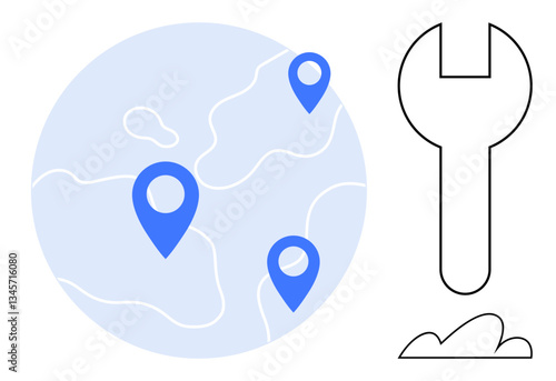 Globe with location pins symbolizing global reach next to a wrench representing tools and repair. Ideal for logistics, technology, global support, infrastructure, service networks, innovation, flat
