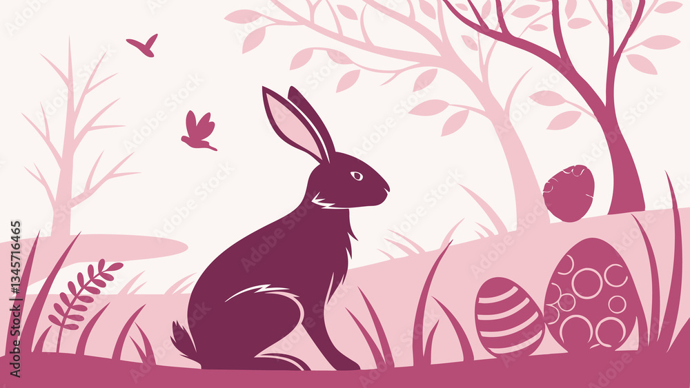 Fototapeta premium Stylized easter scene with rabbit birds eggs and trees in shades of pink and purple. Perfect for Spring Invitations, Holiday Branding, and Creative Event Projects