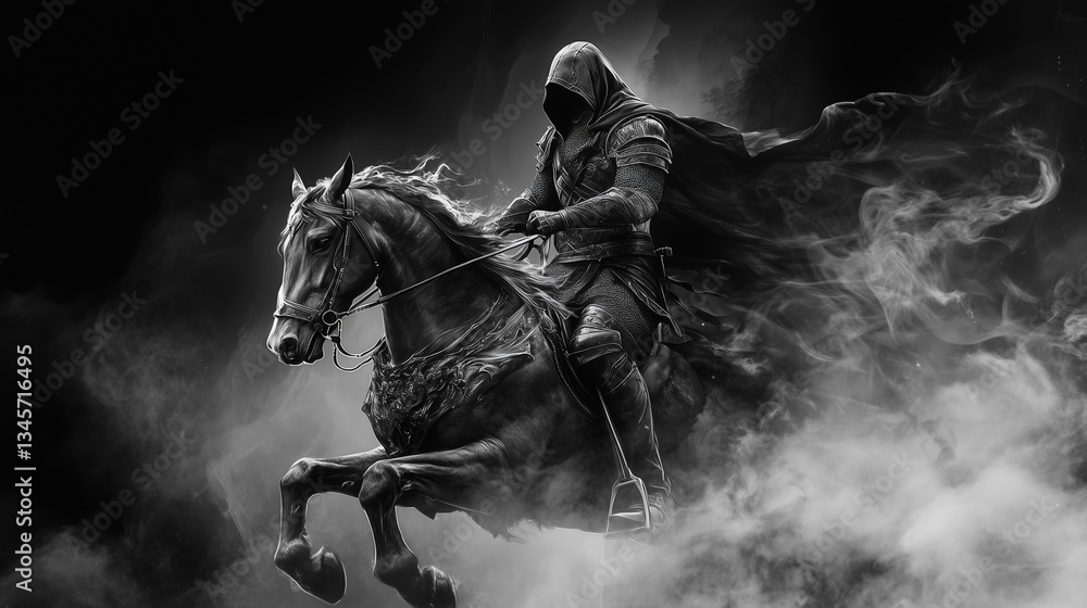 Fototapeta premium A hooded knight in full gallop on his steed, the black and white fantasy scene engulfed in smoky swirls