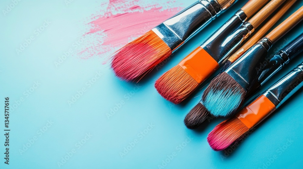 Fototapeta premium Colorful Paintbrushes on a Pastel Blue Background with Pink Paint Stroke