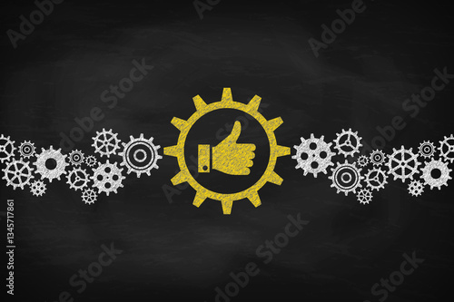 Cogwheels Concept With Thumbs Up. Chalk on the blackboard