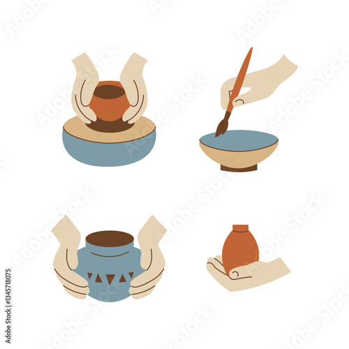 Pottery Hands Making Ceramic Set. Clay workshop design elements. Gestures with Wheel, palm holding vase pot, glazing bowl with paintbrush. Flat style vector illustration