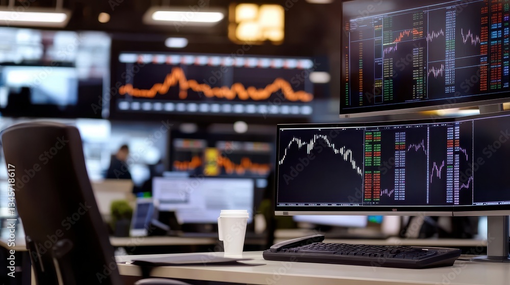 Futuristic trading floor featuring large LED screens displaying dynamic market data and advanced technology. Futuristic trading floor featuring large LED screens displaying dynamic market data and advanced technology.