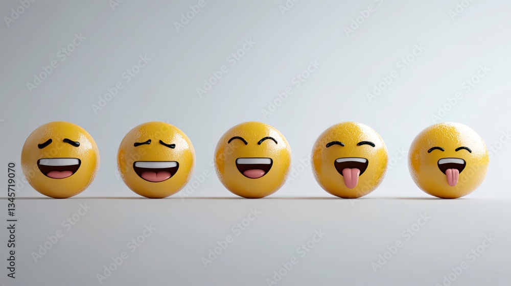 Five 3D emoji balls showing different happy expressions against a white background. Five 3D emoji balls showing different happy expressions against a white background.