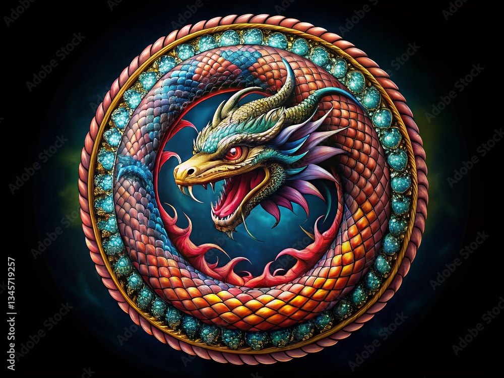 Naklejka premium Ouroboros Tattoo Design: High-Detail Serpent Eating Tail Ink Artwork