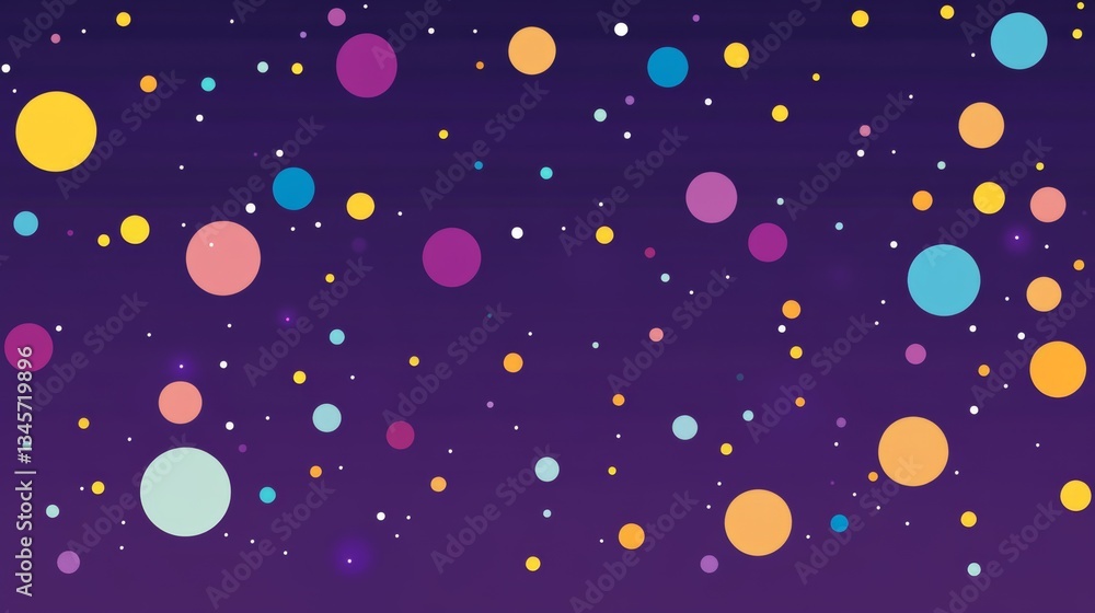 Fototapeta premium Abstract colorful dot shape pattern on dark purple background, featuring a minimalistic symmetrical vector design with high contrast and bright colors, perfect for web banners modern digital graphics.