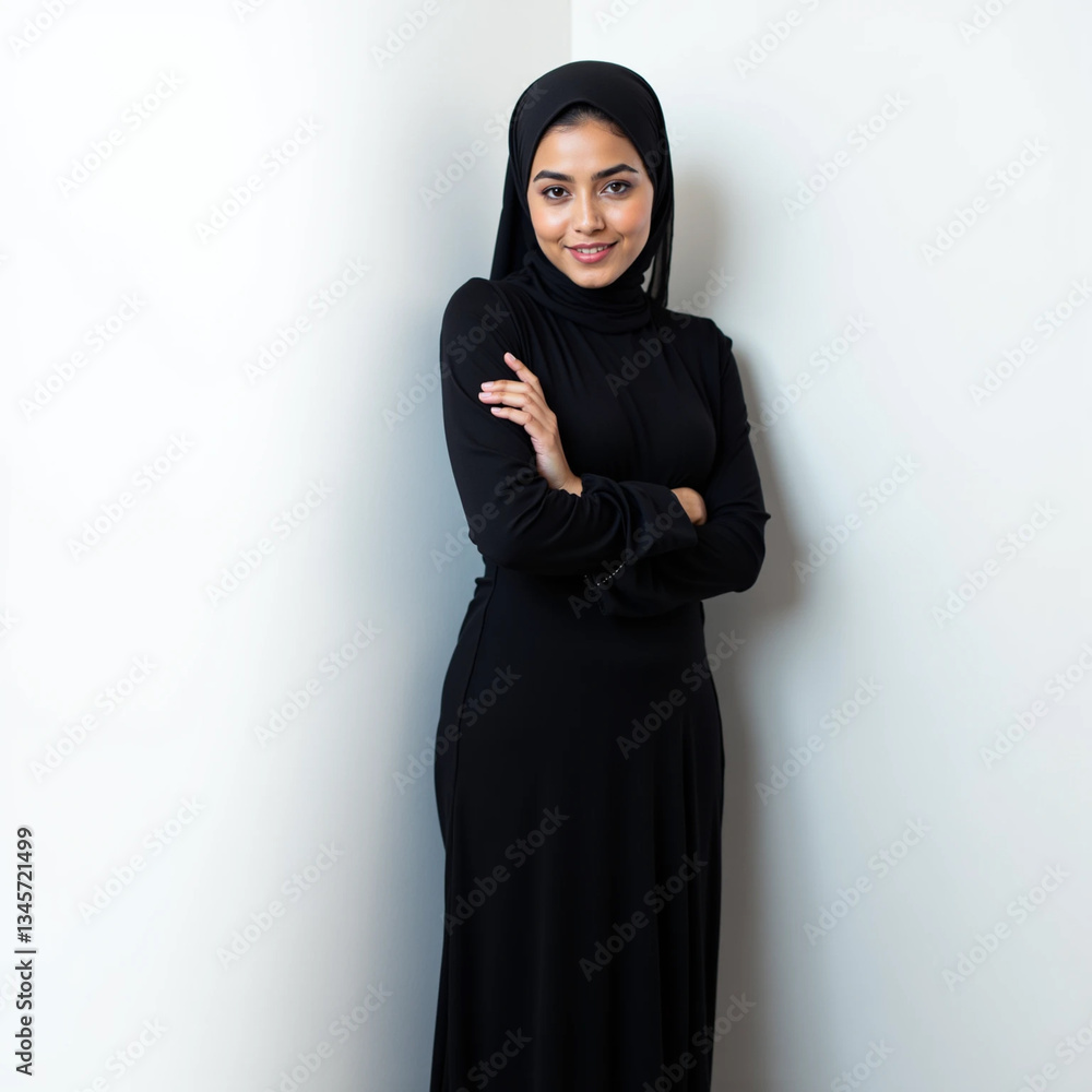 Fototapeta premium Smiling Arab Middle Eastern Woman in Black Hijab with Arms Crossed | Confident & Elegant | Isolated on White Background