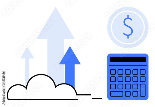 Calculator, dollar coin, and upward arrows represent financial growth, cloud computing, technology. Ideal for finance, accounting, investment cloud services business strategy technology. Flat