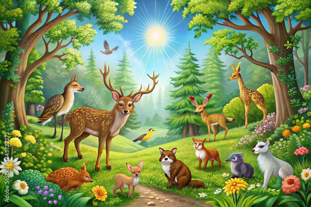 Obraz premium Panoramic Forest Animal Clip Art: Adorable Wildlife in Lush Nature