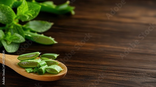 Aloe vera gel hydrating skin. Fresh herbs on a wooden spoon against a dark background.