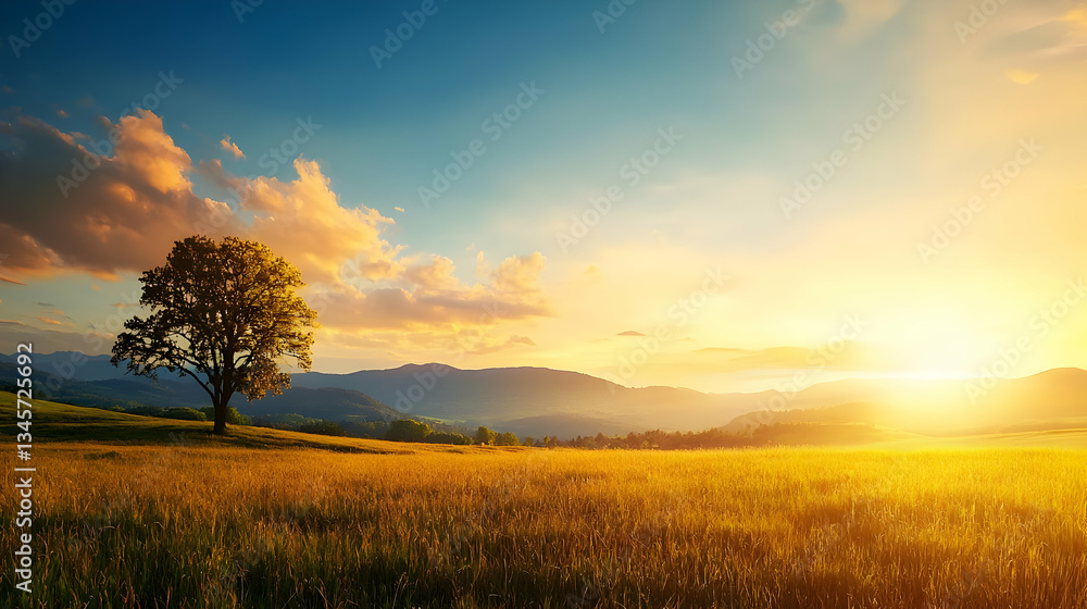 Obraz premium Golden Sunset Over Fields And Mountains