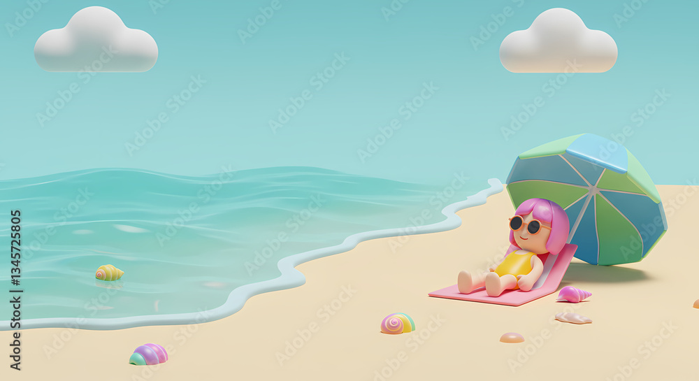 3D Illustration of a Beautiful Ocean View with Gentle Waves on a Sandy Beach 3D Illustration of a Beautiful Ocean View with Gentle Waves on a Sandy Beach