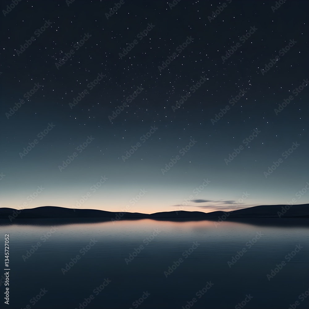 A serene landscape at twilight. A calm body of water reflects a dusky sky filled with stars. A serene landscape at twilight. A calm body of water reflects a dusky sky filled with stars.
