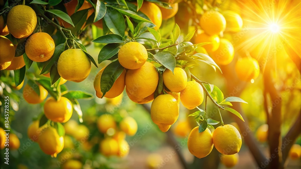 Panoramic View of Ripe Yellow Citrus Fruits on Branch Panoramic View of Ripe Yellow Citrus Fruits on Branch
