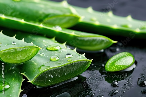 Aloe vera gel hydrating skin. Close-up of aloe vera leaves with droplets on a dark surface.