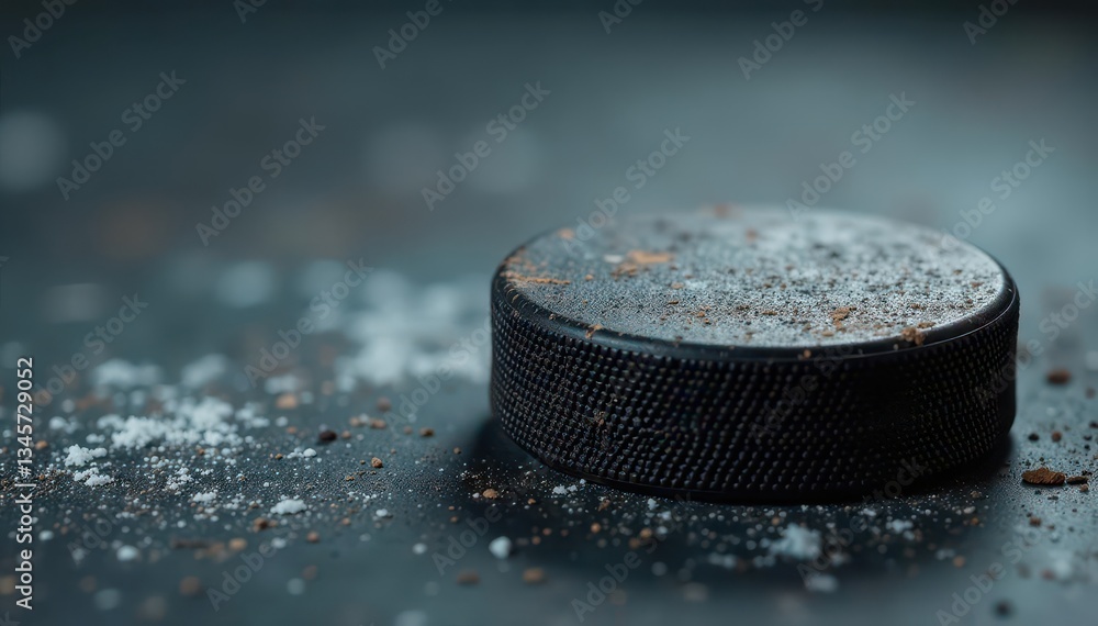 Aged hockey puck; well-used, textured surface details visible , athletic gear, textured Aged hockey puck; well-used, textured surface details visible , athletic gear, textured