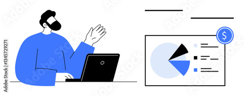 Professional analyzing financial report with laptop and gesturing graphical data insights. Ideal for finance, analytics, teamwork, business strategy, productivity, presentation, flat simple metaphor