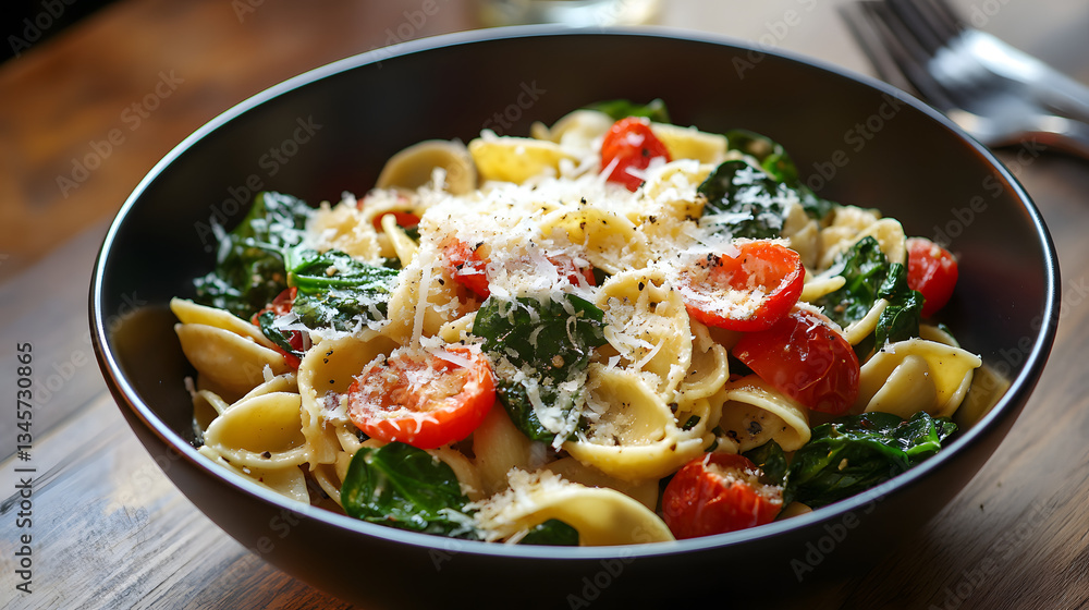 A spinach and roasted tomato pasta with garlic and parmesan cheese. A spinach and roasted tomato pasta with garlic and parmesan cheese.