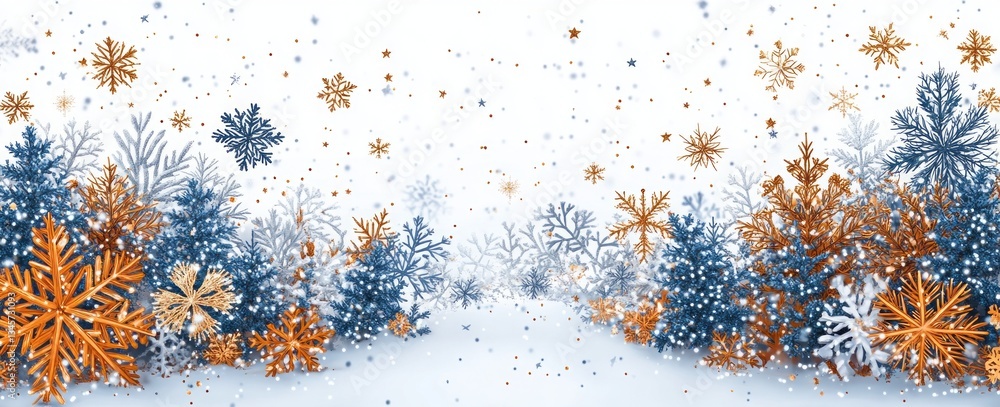 Fototapeta premium A snowy landscape with trees and snowflakes. A simple vector illustration of snowflakes and stars in gold, silver, and blue colors on a white background.
