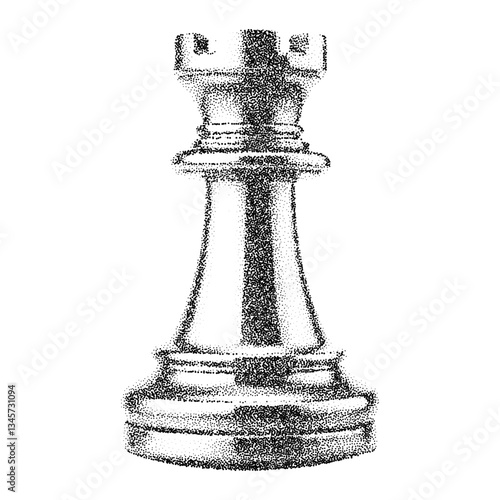 rook chess piece with halftone stipple effect for grunge punk collage design. Vintage photocopy-style vector with grainy textures and noisy gradation dotwork, creating a bold, edgy aesthetic.