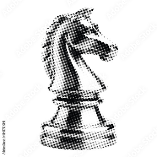 knight chess piece with halftone effect for grunge punk collage design. Vintage photocopy-style vector with grainy textures and noisy gradation dotwork, creating a bold, edgy aesthetic.