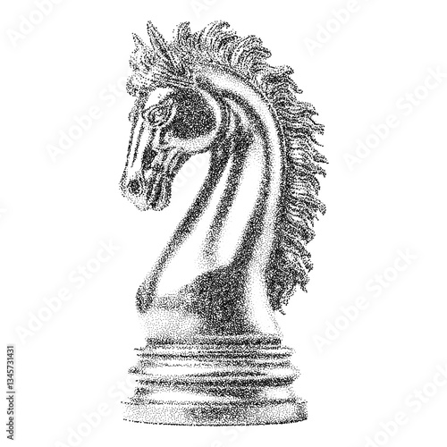 knight chess piece with halftone stipple effect for grunge punk collage design. Vintage photocopy-style vector with grainy textures and noisy gradation dotwork, creating a bold, edgy aesthetic.