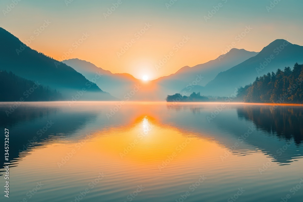 Serene sunrise over a tranquil lake surrounded by misty mountains at dawn Serene sunrise over a tranquil lake surrounded by misty mountains at dawn