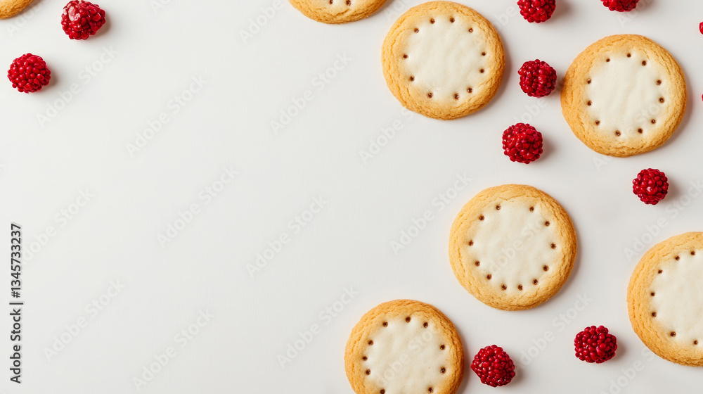 Delicious cookies with creamy frosting and fresh raspberries on a clean white background, ideal for dessert and baking inspiration Delicious cookies with creamy frosting and fresh raspberries on a clean white background, ideal for dessert and baking inspiration