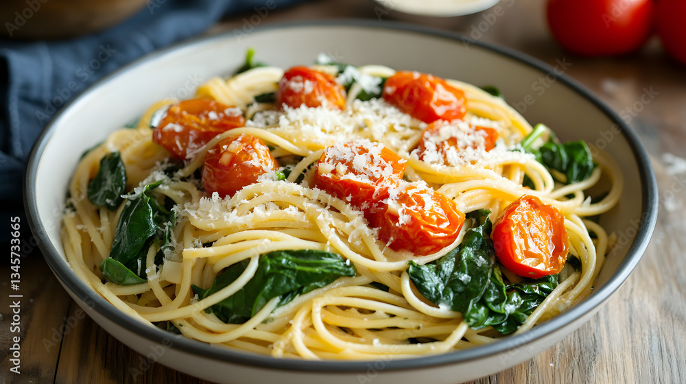 A spinach and roasted tomato pasta with garlic and parmesan cheese. A spinach and roasted tomato pasta with garlic and parmesan cheese.