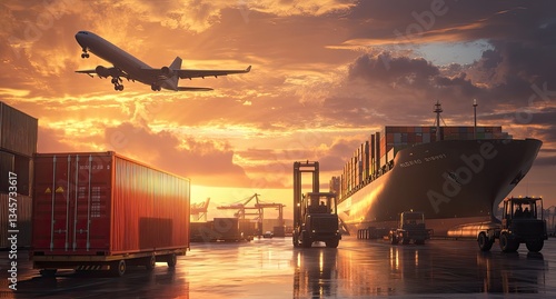 Wallpaper Mural Cargo ship, plane, and port at sunset Torontodigital.ca