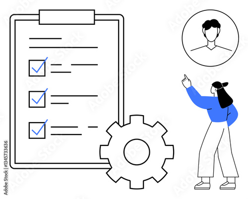 Checklist on clipboard with completed tasks, gear symbolizing process, person pointing, profile avatar. Ideal for teamwork, task management, productivity, planning, workflow collaboration process