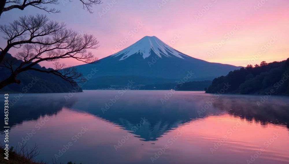 Misty dawn reveals Fuji's silhouette over tranquil Lake Yamanaka's still waters , beautiful, nature Misty dawn reveals Fuji's silhouette over tranquil Lake Yamanaka's still waters , beautiful, nature