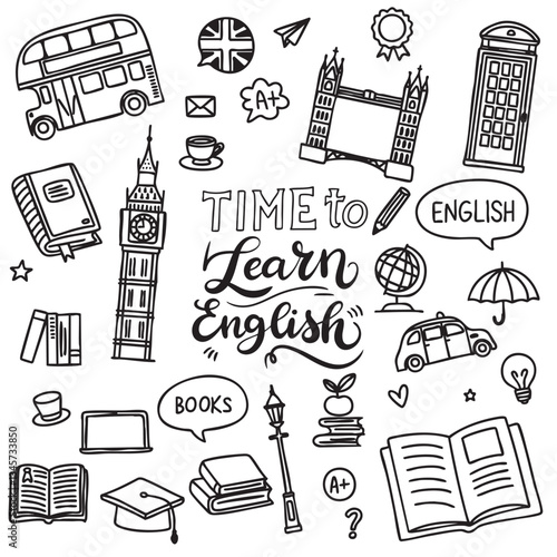 Collection of doodle elements about Learn English. Hand drawn vector art.
