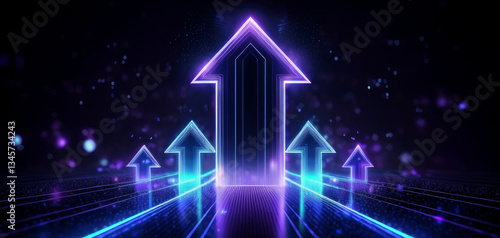 3d illustration neon arrows on dark background. Blue and purple abstract neon arrows tech graphic design. Colorful  glowing neon arrow pointing upward against a dark background. 