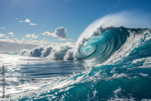 Giant waves break in an arc in the sea.