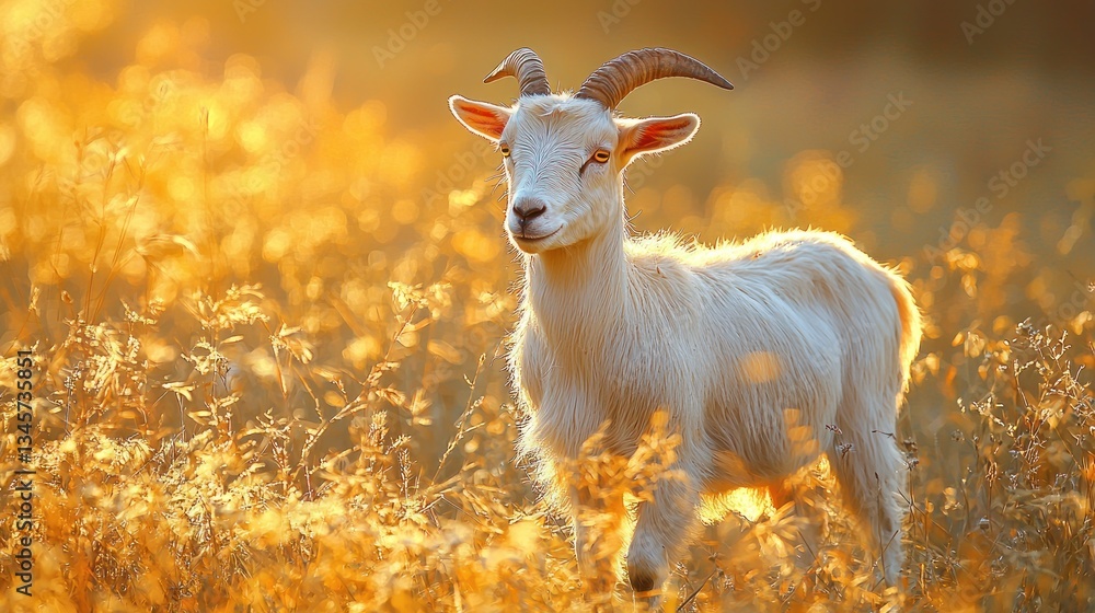 Golden-hour goat in tall grass field Golden-hour goat in tall grass field
