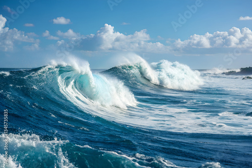Giant waves break in an arc in the sea.