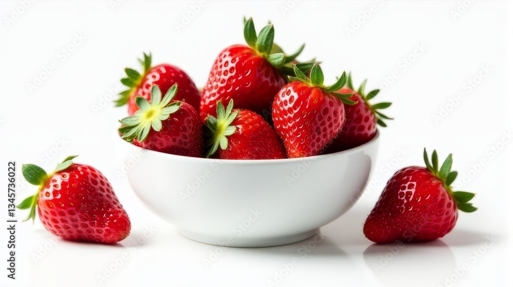 Juicy Strawberries in White Bowl on White Surface Food Photography Juicy Strawberries in White Bowl on White Surface Food Photography