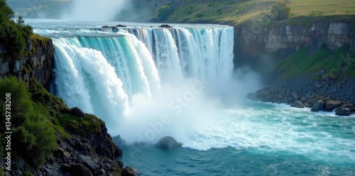 Turbulent water churning at the base of a waterfall, mist rising , stream, water, powerful