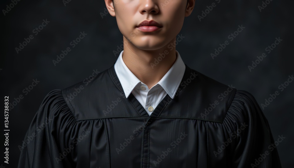 Fototapeta premium Close-up of a Person in a Black Graduation Gown, Serious Expression