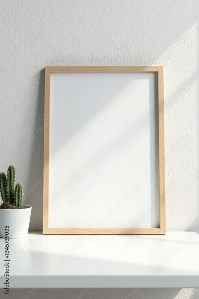 White desk, empty frame mockup, small cactus, bright background, desk, frame White desk, empty frame mockup, small cactus, bright background, desk, frame