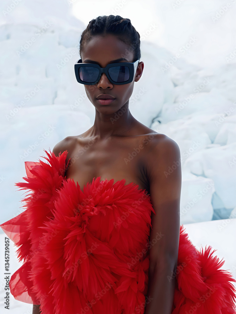 Elegant Black Woman in Luxurious Red Feathered Dress and Stylish Sunglasses Posing Against Snowy Ice Background – High Fashion Concept