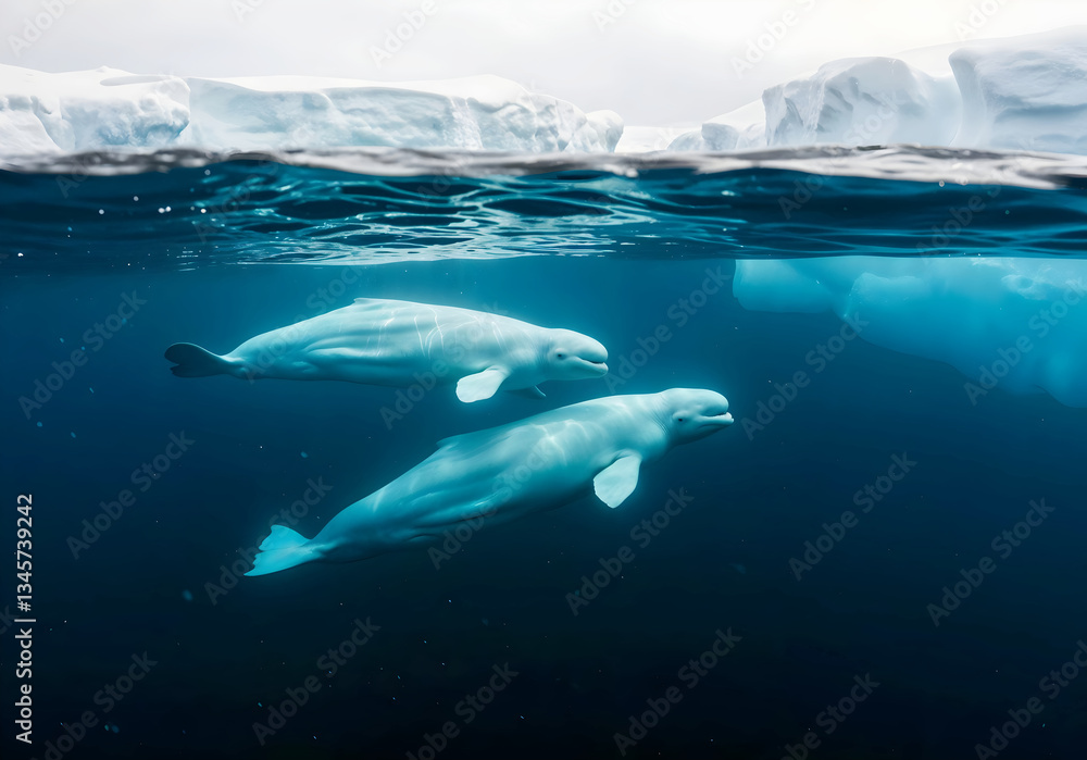 Two Beluga Whales Gracefully Swimming Beneath Arctic Ice in Pristine Frozen Waters, animals and wildlife background