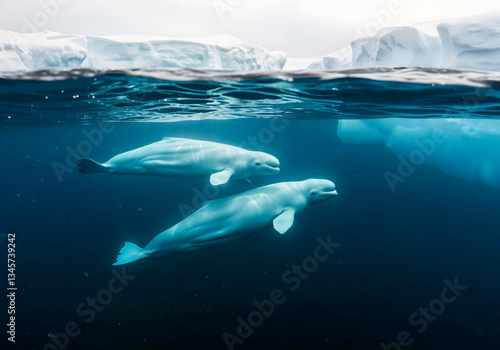 Two Beluga Whales Gracefully Swimming Beneath Arctic Ice in Pristine Frozen Waters, animals and wildlife background