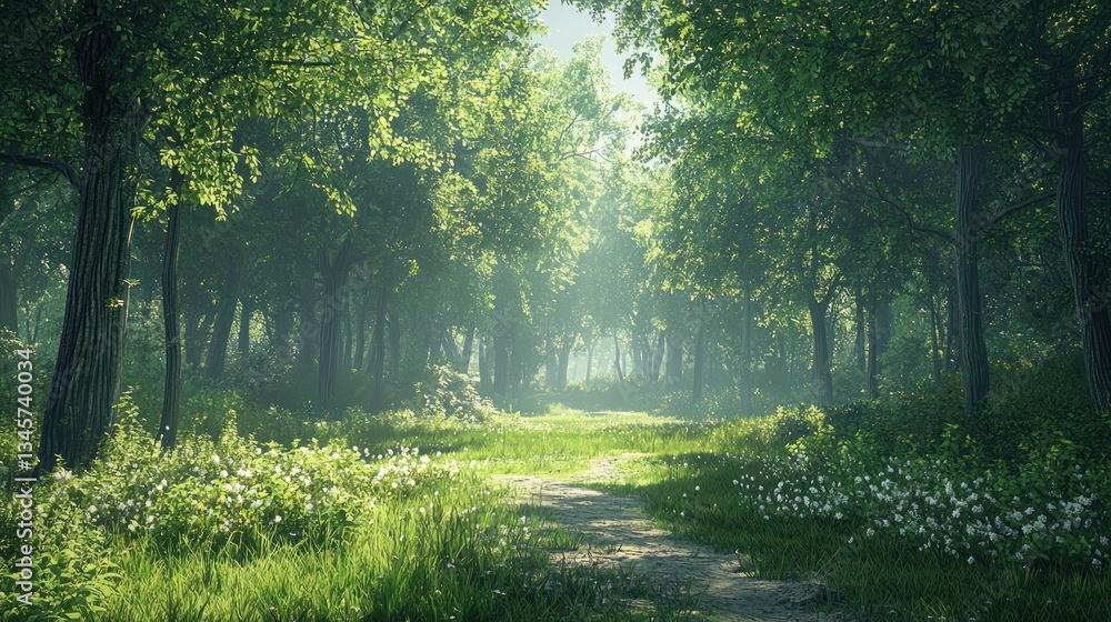 Obraz premium A sunlit path meanders through a lush and verdant green forest