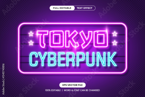 Cyberpunk Tokyo neon text effect with glowing pink and blue typography on a dark purple background. Fully editable EPS vector file, perfect for futuristic, sci-fi, and urban tech-inspired designs