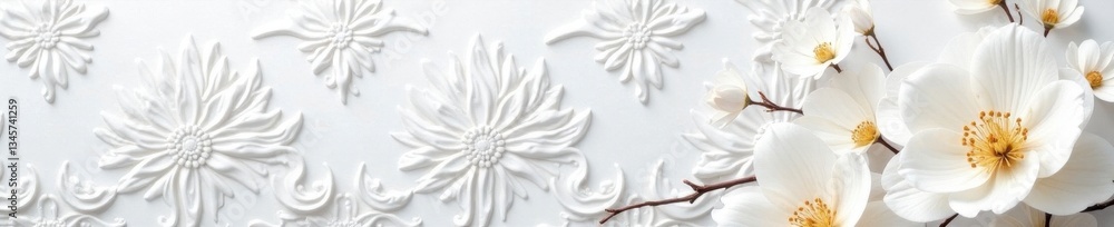Crisp white damask with raised floral details, subtle sheen , event, bright, interior Crisp white damask with raised floral details, subtle sheen , event, bright, interior